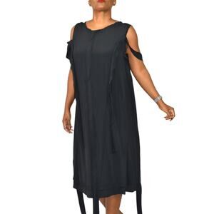 MeimeiJ Draped Dress Black Cutout Cold Shoulder Strappy Silk Midi Wearable Art 8